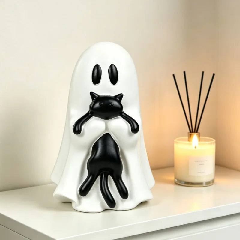 Halloween Ghost Hugging Cat Ornament | Resin Sculpture