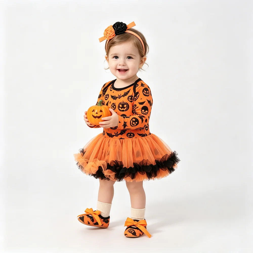 Baby Girl Halloween Tutu Romper Set | Pumpkin, Skull & Bat Print | 3-Piece with Headband & Shoes