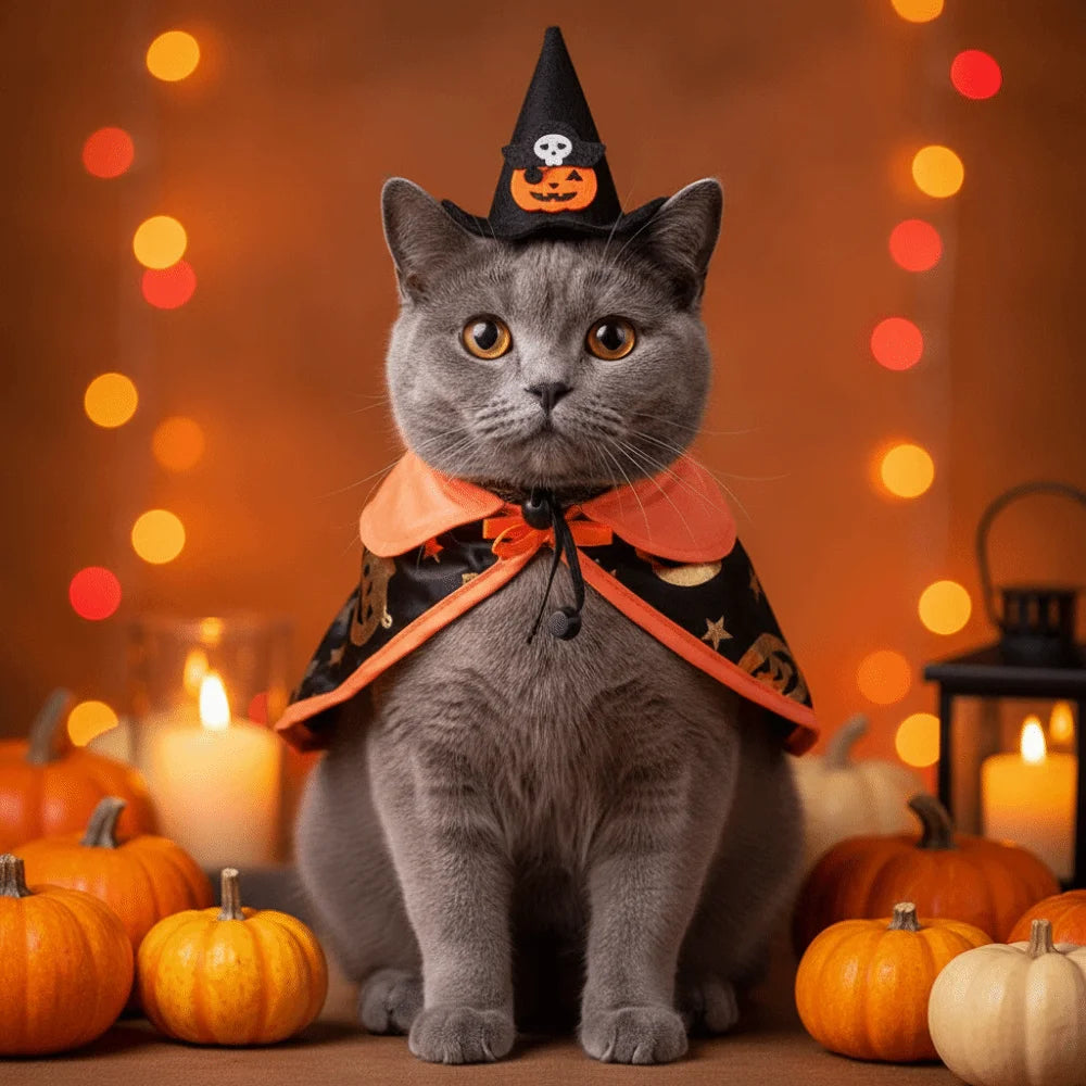 Halloween Cat Witch Hat & Cape Set