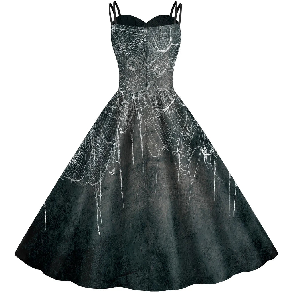 Halloween Gothic Swing Dress | Skeleton & Spiderweb Print