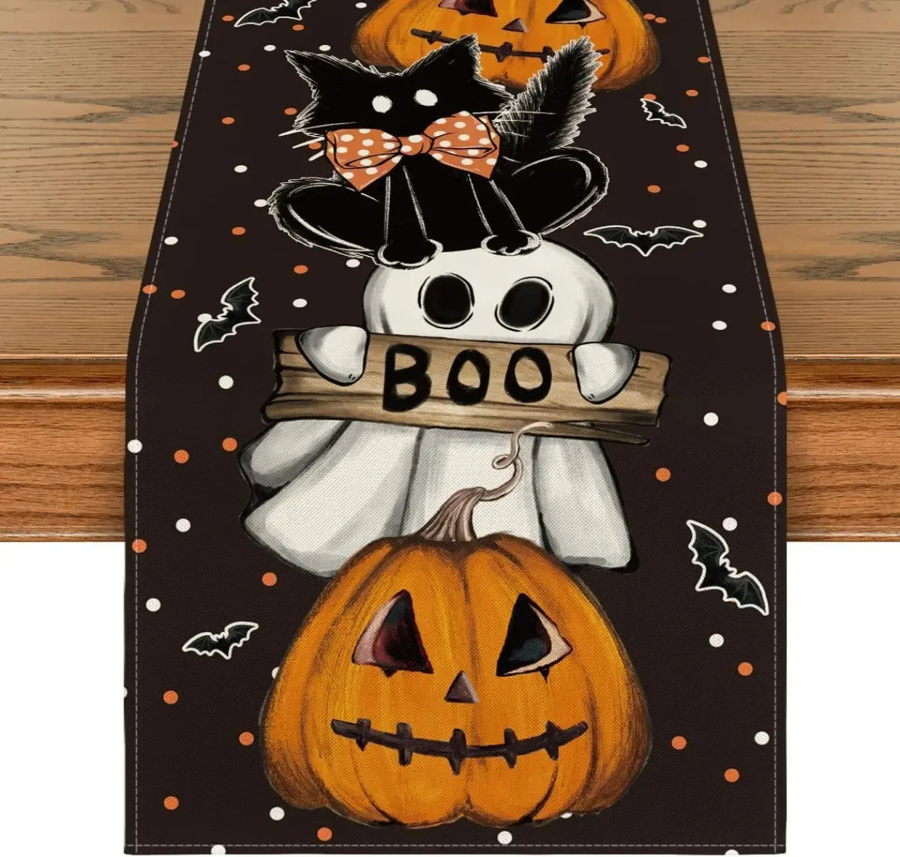 Halloween Cat Linen Table Runner | Pumpkin & Ghost Design