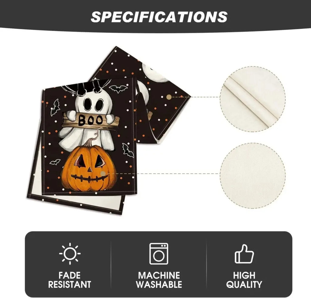 Halloween Cat Linen Table Runner | Pumpkin & Ghost Design