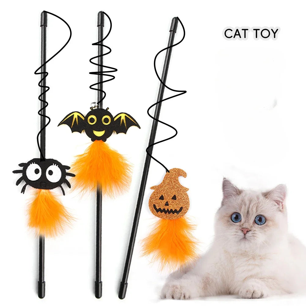Halloween Cat Teaser Wand Toys | Spider, Bat & Pumpkin