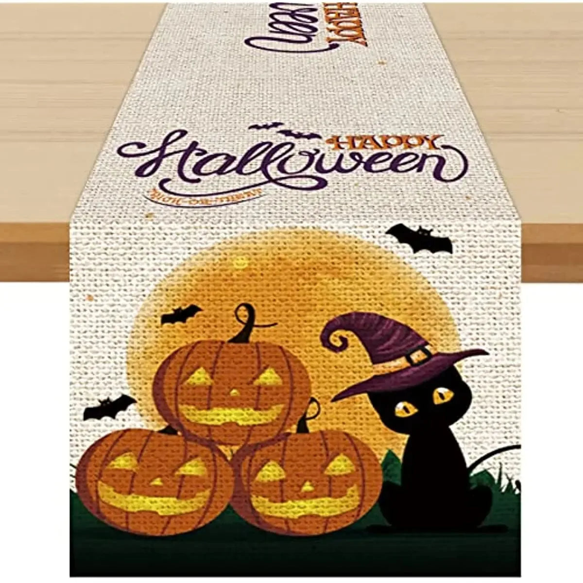 Halloween Cat Linen Table Runner | Pumpkin & Ghost Design