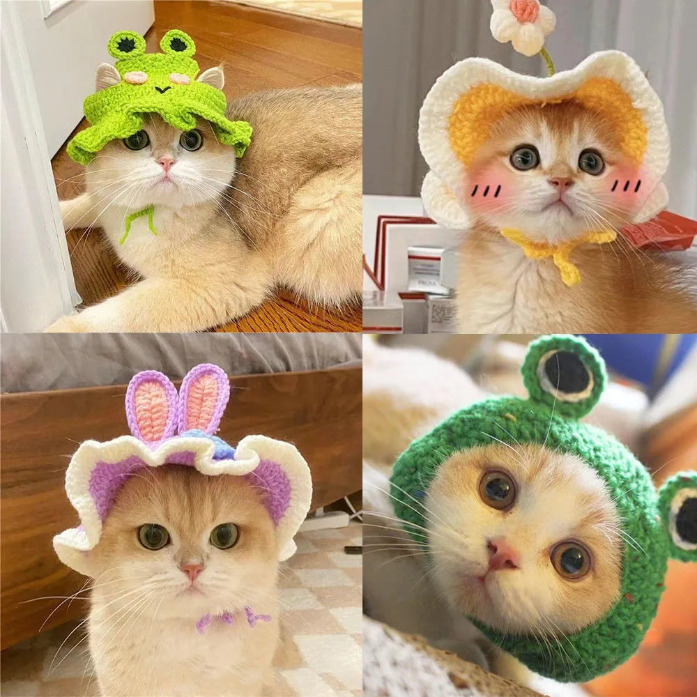 Cute Knitted Cat Hat | Crochet Pet Headwear