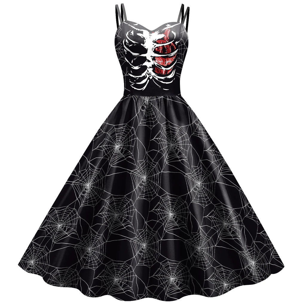 Halloween Gothic Swing Dress | Skeleton & Spiderweb Print